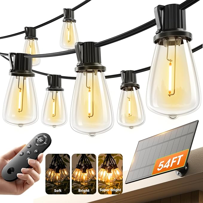 KYY 54(48+6) FT Solar String Lights Outdoor with USB Port Remote, Waterproof and Shatterproof Patio with Solar Powered Panel, LED Vintage Edison Bulbs, Heavy-Duty and UL Listed Market Lights