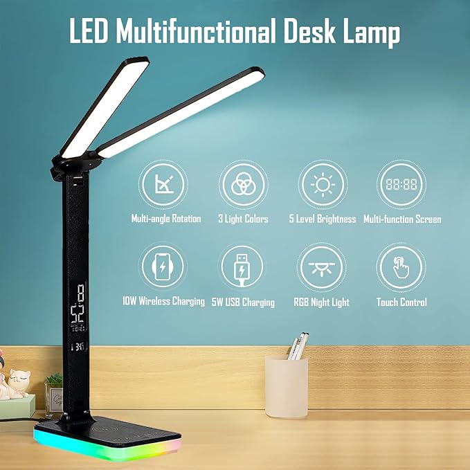 LED Desk Lamp with Wireless and Wired Charging, Foldable Table Light, 5 Brightness and 3 Lighting Modes, Time and Temperature Display, RGB Night Light, USB Powered (Double Head Black)