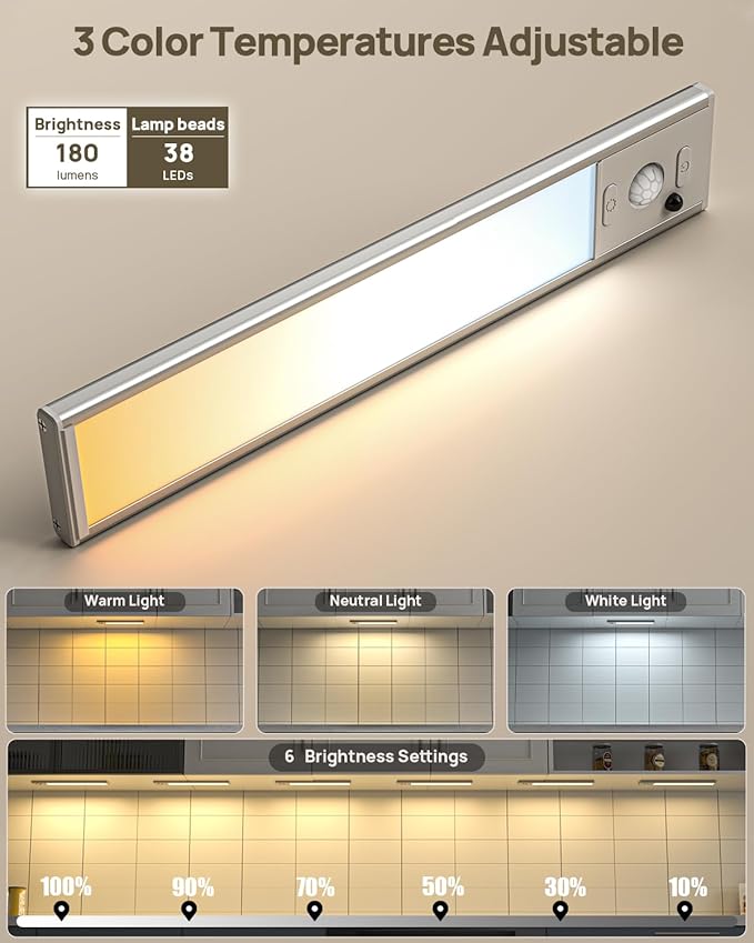 Under Cabinet Lights Wireless, Motion Sensor Light Indoor, Stick On Magnetic Closet Lights with Remote, 3 Color Temps & Dimmable, LED Rechargeable Under Counter Lights for Kitchen, Wardrobe, Stairs