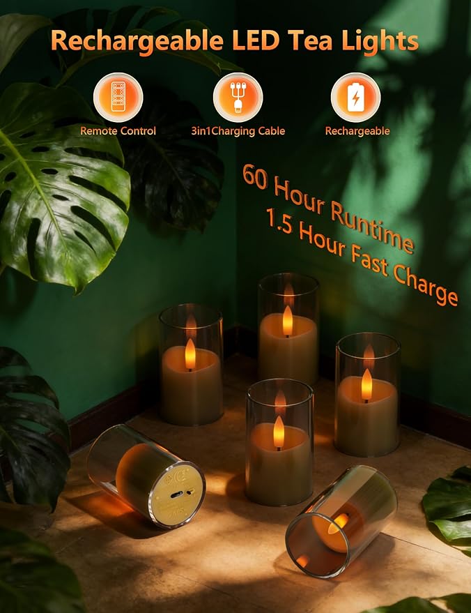 Rechargeable Small Tea Light Candles, Acrylic Votive Flameless Candles 1.7" x2.5"with Remote Control and Timer, Flickering Warm LED Light, Safe for Home, Parties, and Holidays (Set of 6, Gray)