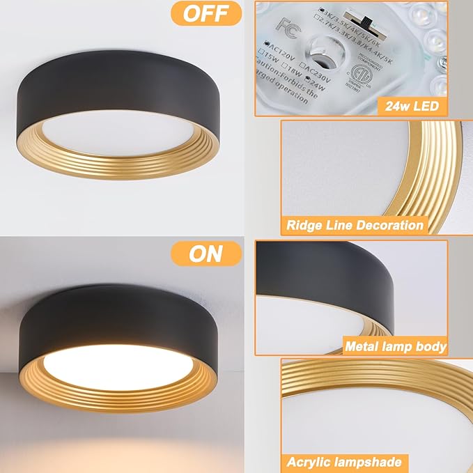 Dimmable Modern LED Flush Mount Ceiling Light,11.8 Inch 5CCT 24W/3000K-6000K,Minimalist Round Black and Gold Close to Ceiling Lighting Fixtures for Kitchen,Hallway,Laundry Room,Entryway,Porch