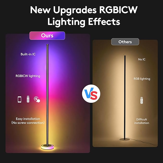 59" Smart LED Corner Floor Lamp, RGBICW Color Changing Ambient Lighting, App Control Music Sync Mood Light, Modern Dimmable Room Decor for Bedroom, Living Room, Gaming Setup, Black