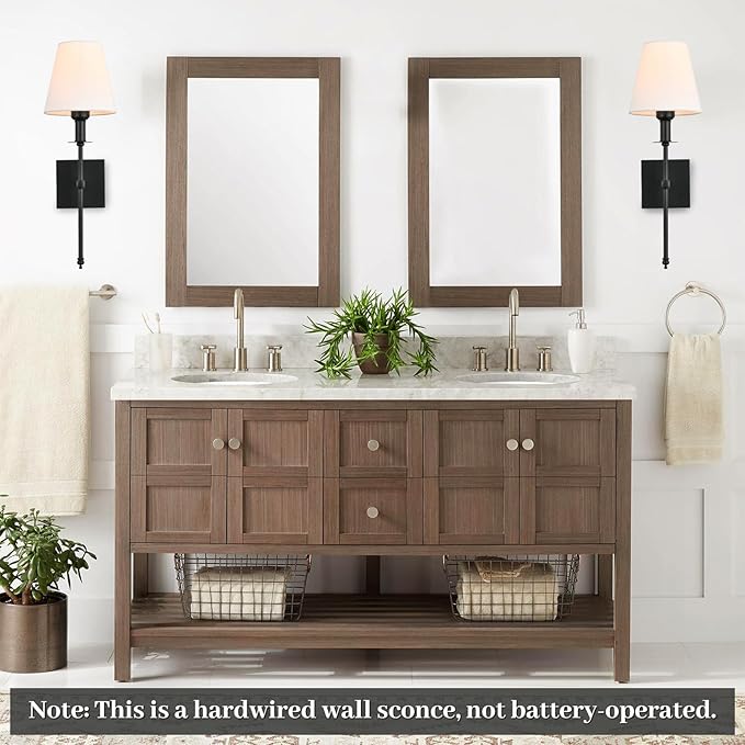 Bsmathom Wall Sconces Sets of 2, Rustic Industrial Wall Lamps, Hardwired Column Stand Sconces Wall Lighting, Bathroom Vanity Light Fixture with Fabric Shade for Bedroom Living Room Kitchen, Black