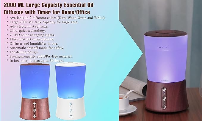 BlueHills Large Essential Oils Diffusers for Large Rooms Set of 2 2000ML Capacity Models Adjustable Cool Mist Output Options – Value Pack of White and White Wood Grain