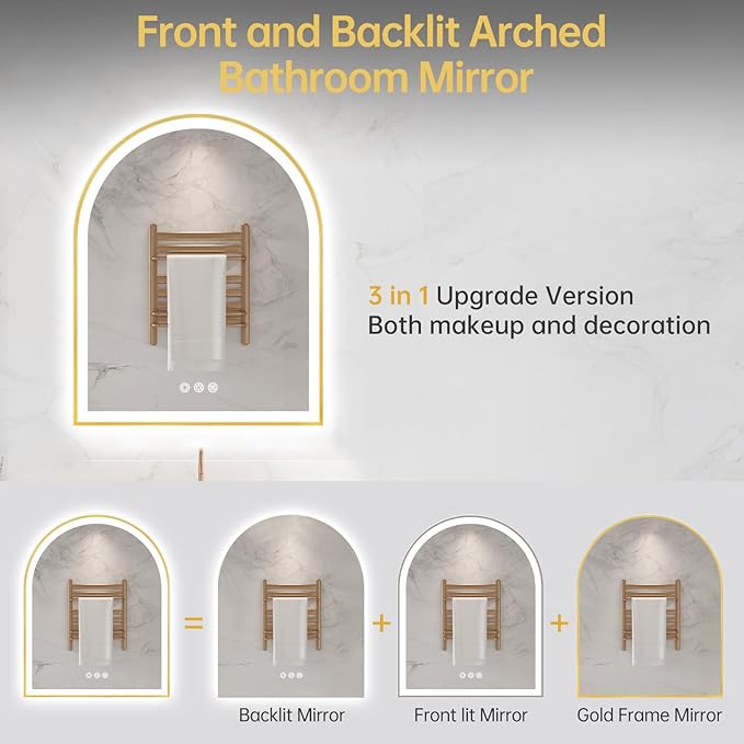 Arched LED Mirror for Bathroom 24"x30", Brushed Gold Lighted Bathroom Mirror with Lights, Fogless, Dimmable, Shatterproof, Touch Sensor, 3 Color Changing