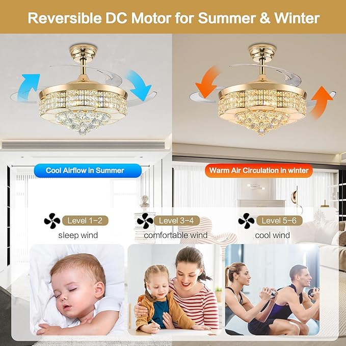 RGB Ceiling Fan with Light,36 Inch Fandelier Crystal 6-Speed Silent Reversible Remote APP Control LED Chandelier Speaker Dimmable Bluetooth, Gold