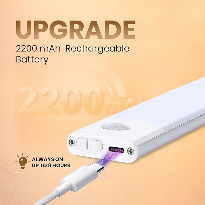 12 Inch Under Cabinet Lighting, 2 Pack 60 LED Motion Sensor Lights, 145LM USB-C Rechargeable, 2200mAh Battery, 10–100% Dimmable, 3 Color Modes, Stick-On Magnetic LED Closet Lights for Kitchen