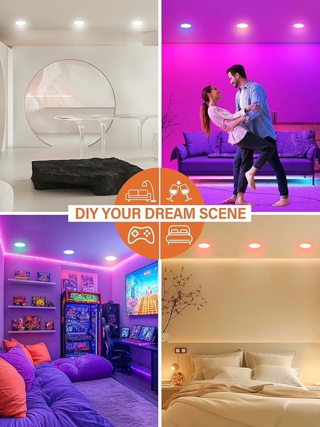 12Pack 6Inch Smart LED RGB Recessed Lighting ,Color Changing Canless Downlight,2700K-6500K, 2.4GHz Wi-Fi & Bluetooth,12W 1200lm,Works with Tuya App,Alexa & Google Assistant,Gateway Included