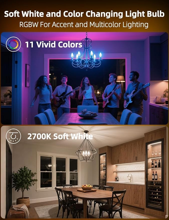 HEKEE E12 LED Candelabra Light Bulbs, Color Changing Candle, C37 B11 40W Incandescent Equivalent, 450 Lumen, RGB + 2700K Warm White, 5Watt, 12 Colors, 2 Modes, Timer, Remote Control(4 Pack)