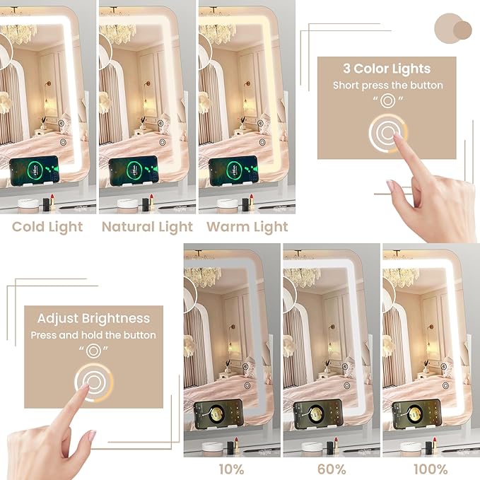 Dripex 5-in-1 Lighted Vanity Mirror with Bluetooth Speaker & Wireless Charging, 15"x12" LED Makeup Mirror with Lights 3 Colors Dimmable, Phone Holder Touch Keys 10X Magnification