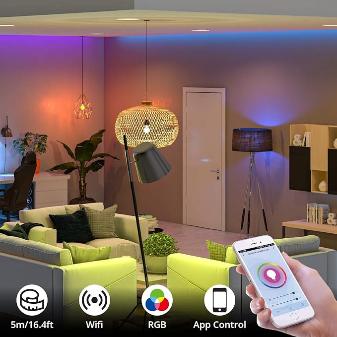 WBM Smart RGB LED Strip Lights, IP65 Waterproof 16.4 ft Long LED Strip, Compatible with Alexa, Google Home, App Control for Home, Kitchen, Bedroom