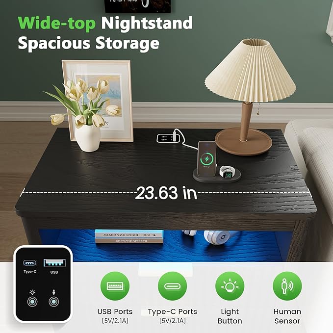 HNEBC Nightstand with Gun Drawer for Bedroom,Black Night Stand with Hidden Compartment, Auto LED Lighted, Charger Station, 2 Drawer, 23.6" Wider Bedside Table for Dorm,Sofa,Office