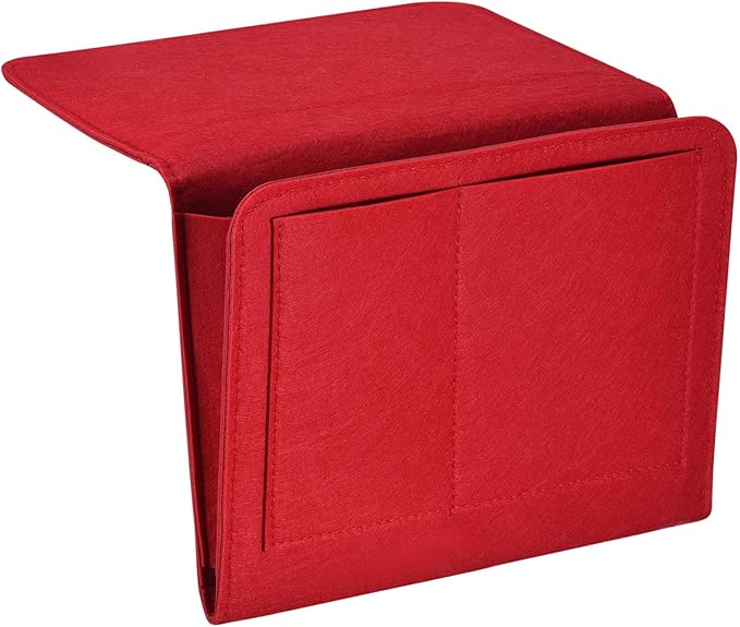 PATIKIL 11in Bedside Caddy, Bed Caddy Bedside Organizer Hanging 5 Pocket Soft Felt Bed Pockets Bedside Storage Organizer Remote Control Holder for Bedroom Phones Glasses, Red