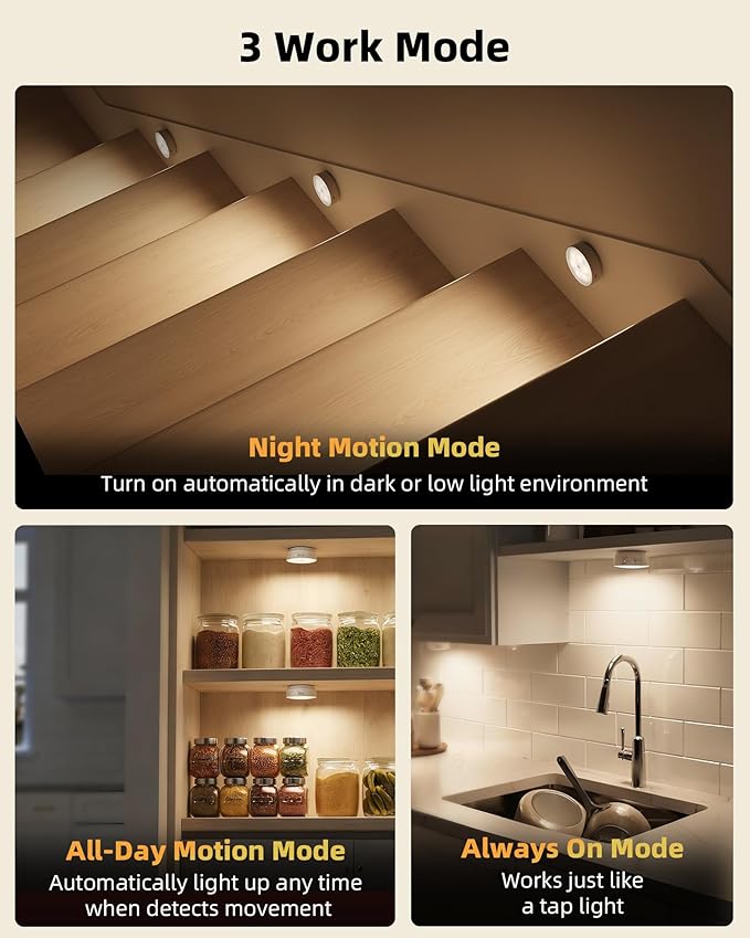 EZVALO 8 Pack Motion Sensor Closet Lights, 1200mAh Rechargeable Under Cabinet Lights, Night Lights, Puck Lights, Dimmable, 3 Color Temps, Magnetic, Stick on for Kitchen, Stairs, Closet