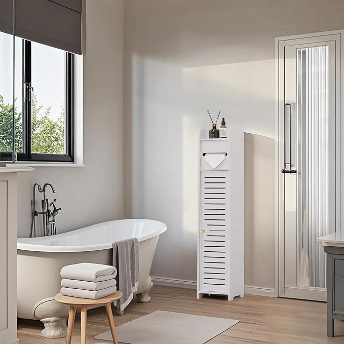 VECELO Storage Cabinet for Small Spaces,Bathroom Cabinet with Toilet Paper Scroll, Short Corner Cabinet with Farmhouse Style Door for Bathroom Space,White