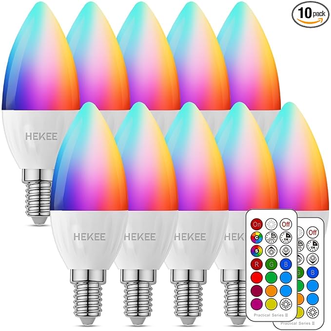 HEKEE E12 B11 LED Candle Light Bulbs, Color Changing, C37 40W Incandescent Equivalent, 450 Lumen, RGB + 2700K Warm White, 5Watt, 12 Colors, 2 Modes, Timer, Remote Control(10 Pack)