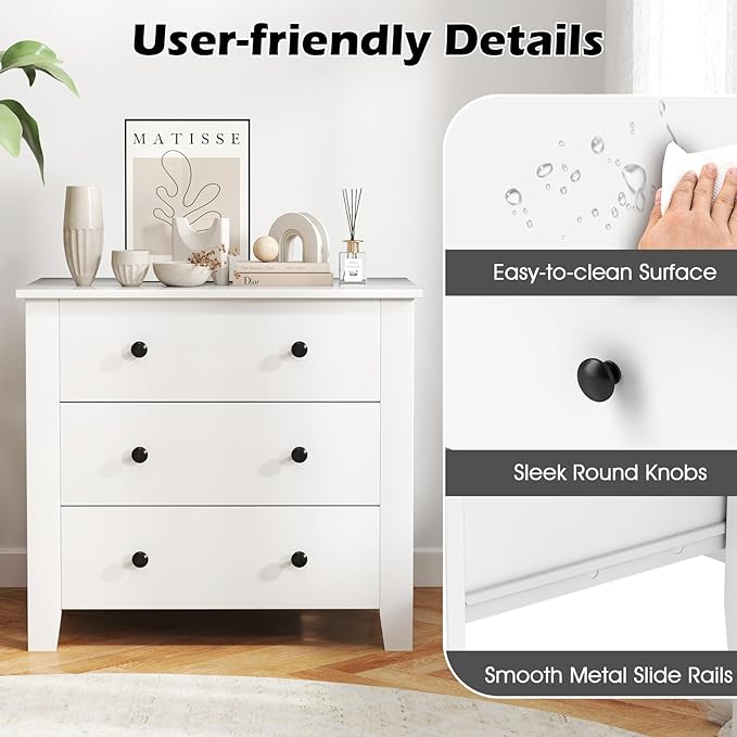 Giantex Small 3-Drawer Dresser for Bedroom - 28.5” x 18” x 26” Wide Chest of Drawers, Modern Large Nightstand, Storage Cabinet, Closet Storage Organizer for Living Room, Hallway (White)