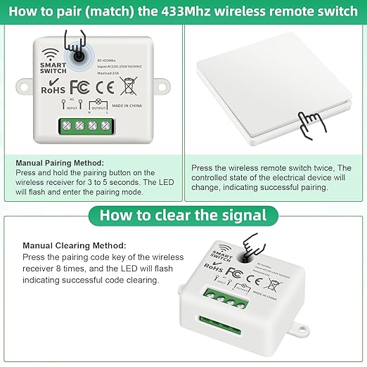 RGBZONE Self-Powered Wireless Remote Switch Kit, 10A AC85-240V No Rewiring 100FT Range RF433 Remote Control Switches for in-/Outdoor Lights (RF Switch and Receiver)