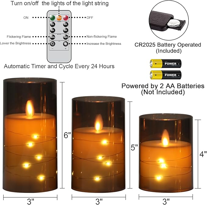 Wondise Flameless Flickering Candles with Embedded Star String Lights, Battery Operated with Moving Wick Acrylic LED Candles with Remote for Home, Wedding, Halloween, Christmas Decor
