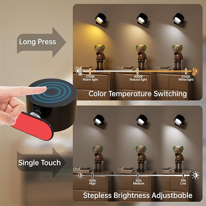 3PACK Romote LED Wall Sconce - Rechargeable Wall Light, 3 Colors & 3 Brightness Levels, 360° Magnetic Rotating Head, Bedside Reading Lamp, Easy Install Battery Operated Wall Lamp Black