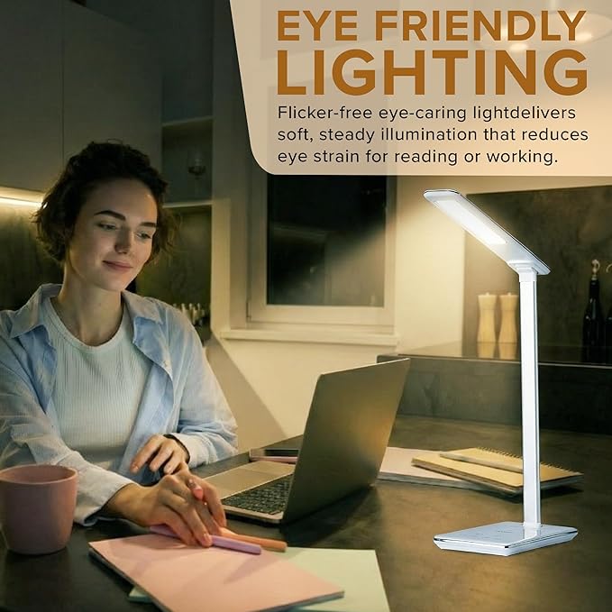 LED Desk Lamp White | Wireless Charger & USB Port | 4 Color Modes & 10 Brightness Level | Eye Caring Touch Control Lamp with Auto Timer | Foldable Adjustable Arm | Modern Light for Home Office