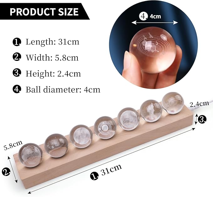 3D Crystal Solar System Crystal Ball with Led Lamp Base Galaxy Jupiter Saturn Moon Earth Solar System Space Astronomy Planets Globe Ball Astrophysics Gift Night Light Kids Adults Gift