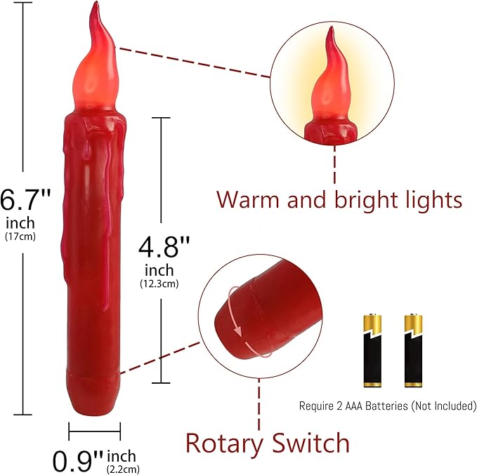 Red Candlesticks Flameless Taper Candle, 4pcs Short LED Tapered Candles Remote Dipped Candle 6inch Battery Chandelier for Enchanting Christmas Harry Potter Inspired Vigils,R