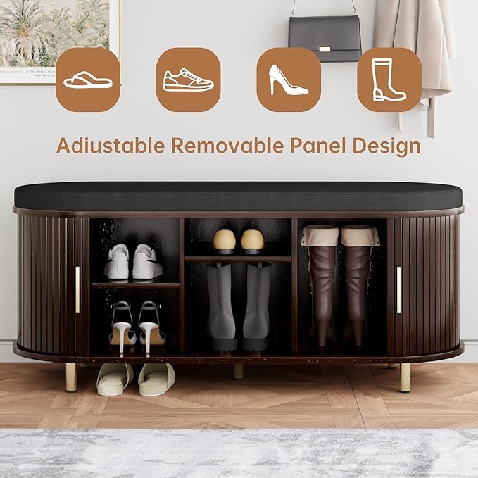 Entryway Bench with Storage: 43.31" Wooden Bedroom Shoe Bench with Thickened Padded Seat Cushion, Mid Century Modern Fluted Sliding Door and Adjustable Shelf, for Entryway, Living Room