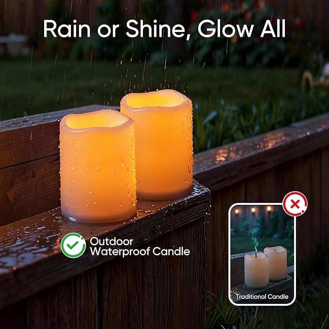 Raycare 3"x4" Outdoor Waterproof Flameless Candles-Auto Light Sensor Dusk to Dawn, 2Pcs Flickering LED Candle, Battery Operated Electric Fake Pillar Candle for Garden, Porch, Patio, Lantern Decor