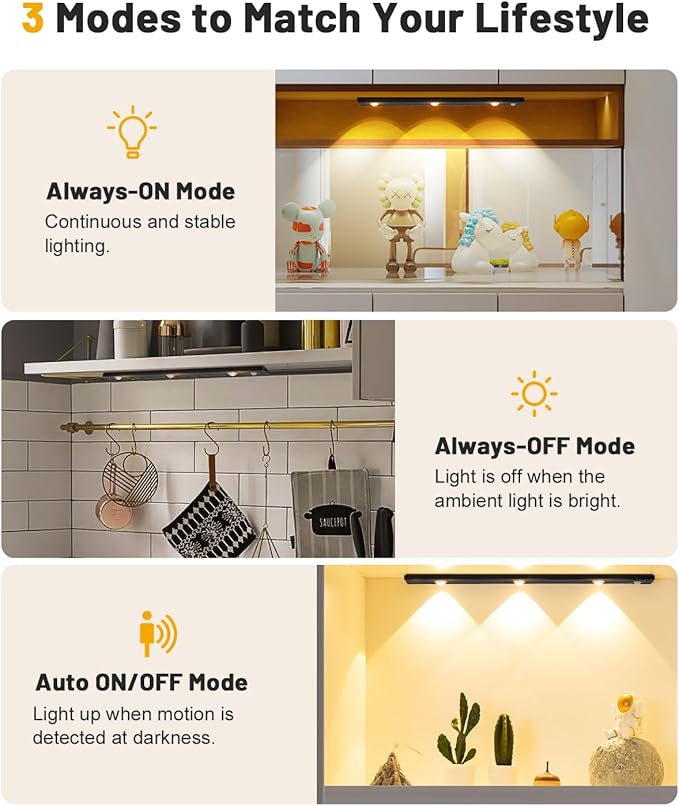 Pak Under Cabinet Lights, Rechargeable Motion Sensor Light Indoor, Wireless and 3-Color Dimmable with Cat’s Eye Hill Effect, for Display Cabinets, Showcases, Wine Racks, 2 Pack, Black