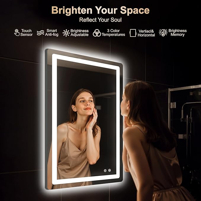 Delma LED Bathroom Mirror with Lights, 36x24 Vanity Mirror for Bathroom Wall, Anti-Fog, Dimmable, Front Lit & Backlit, Memory Function, Shatterproof Tempered Glass, 3 Color Modes(Horizontal/Vertical)