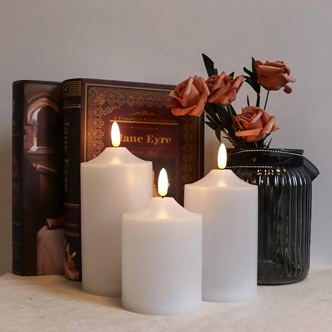 Eldnacele Waterproof Outdoor Flameless Flickering LED Candles with Timer Remote, Battery Operated 3D Wick Plastic Pillar Candles Pack of 3 for Indoor Outdoor Decoration, D3'x H4'x W5'