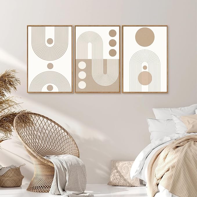 YeeHomedec Boho Beige Framed Canvas Wall Art, Mid Century Modern Wall Decor, Bohemian Abstract Minimalist Artwork, Neutral Geometric Line Art Painting for Living Room Bedroom Office 24"x36"x3