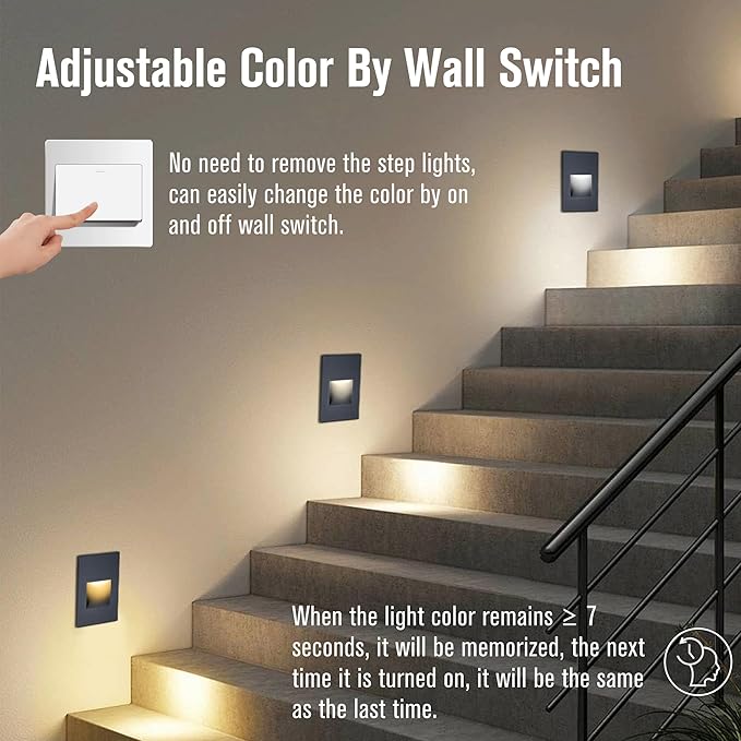 LED Step Lights - Outdoor & Indoor Stair Lights, 12V, 3CCT Color Changing 3000K/4000K/5000K, 4W, 150LM IP66 Waterproof, Black, 6-Pack