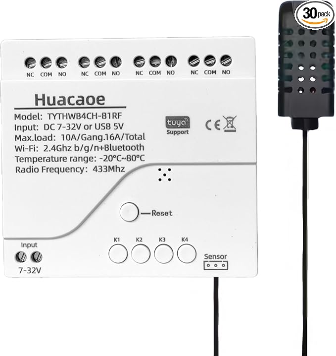Tuya 4CH 7-32V Smart Temperature and Humidity Sensor,Dry Contact,Remote Application Control and Monitoring Function, Voice Control, Smart Scene, Compatible with Alexa and Google Home