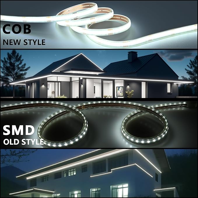 24V COB LED Strip Lights Outdoor Waterproof 65.6FT, 6000K Cool White Dimmable IP67 CRI 93 LED Rope Light with Power Supply for Bedroom Living Room Garden Commercial House