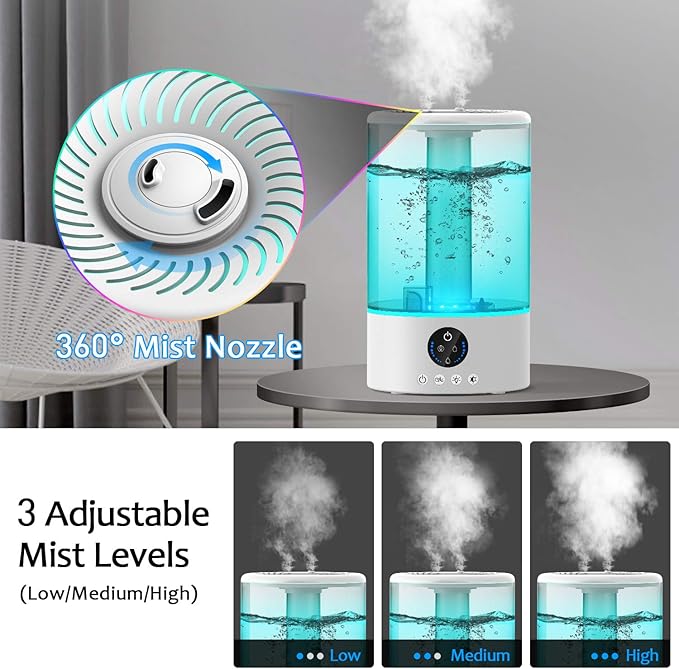 Cool Mist Humidifier, Ultrasonic Humidifiers for Bedroom Baby, 3L Large Humidifier w/Remote Control, 7 Colors Night Light 6 Dimmer Adjustable Mist Levels, Timer, Auto Shut-Off for Large Room, White