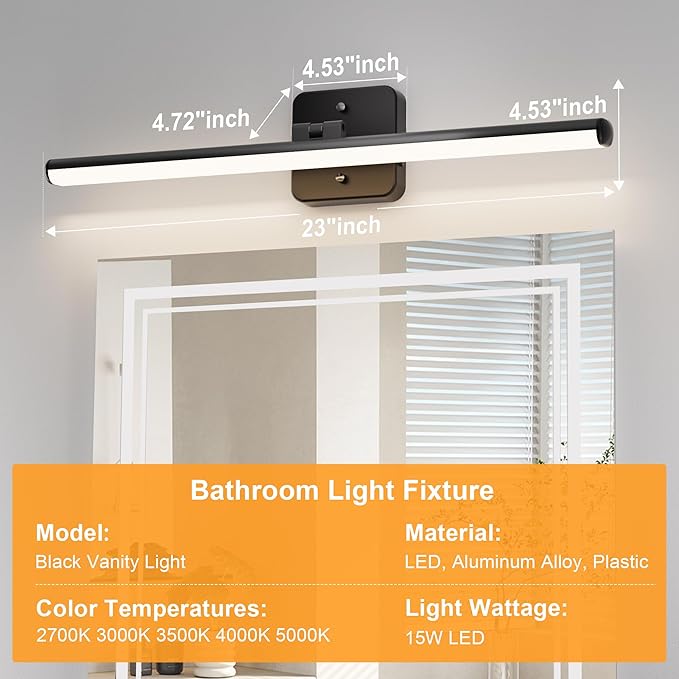 Sailstar Upgraded Bathroom Light Fixtures 23 inch Rotatable, Dimmable 15W 5CCT 1500LM IP44 Modern Bathroom Vanity Light Over Mirror, Built-in Dimmer, Black Vanity Lights for Cabinets Mirror