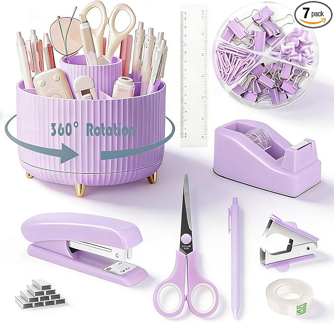 Purple Desk Organizers and Accessories Set with 360-Degree Rotating Pen Holder, Tape Dispenser, Stapler, Staple Remover, 1000 Staples, Tape, Clips Set, Ruler, Scissor, Pen