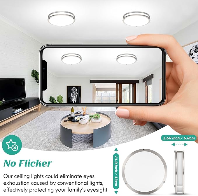 13 Inch LED Ceiling Light Fixture, 36W 4400Lm Flush Mount Ceiling Lights, Dimmable 5CCT 2700K/3000K/4000K/5000K/6500K, Super Bright Modern Bedroom Lamps for Kitchen Hallway, Brushed Nickle, 2 Packs