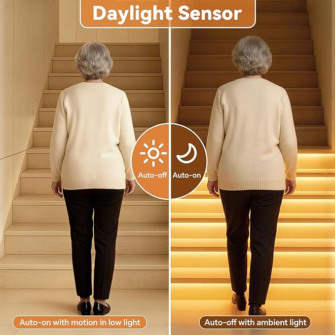 Indoor LED Stair Light Motion Sensor Complete Set Stair Running Light with COB LED Strip Light Cascading Stairwell Staircase Lighting Under Tread Lights with Remote for New Construction