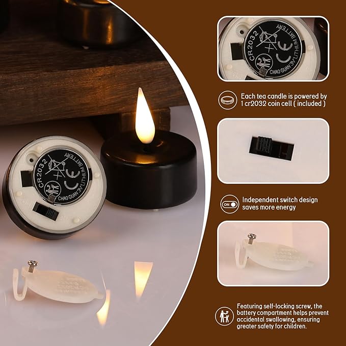 Eywamage Black Flameless Tealights with Remote Batteries, Real Wax Flickering LED Tea Votive Candles Set of 10