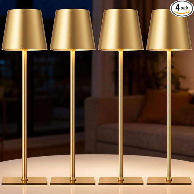 Gold Cordless Rechargeable Table Lamp, 4 Pack Portable Desk Lamp with 5000mAh Battery, Touch Control Stepless Dimming, Wireless Night Light for Dining, Outdoor Camping, Coffee Shop, Waterproof Design