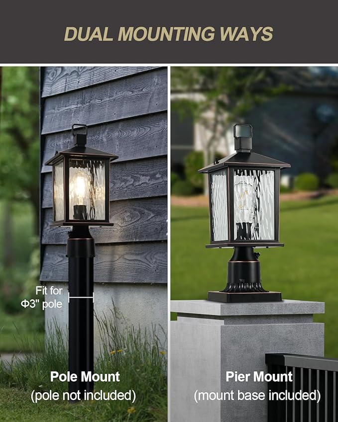 Dusk to Dawn Outdoor Post Light, Hardwired Oil-Rubbed Bronze Pole Lantern with Pier Mount Base, Water Ripple Glass, 17'' Waterproof Lamp Post Light Fixture for Driveway, Pathway, Yard