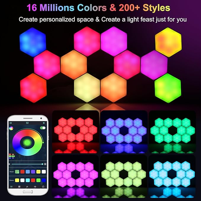 Neoglint 12 Pack Hexagon Lights - Smart App & Remote Control RGB LED Wall Panels, Music Sync Honeycomb Modular Lights with Timer, DIY Gaming Room Decor & Night Light, Cool Gifts for Men & Kids