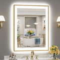 28x36 Gold LED Bathroom Mirror with Lights, Brushed Gold Framed Backlit and Front Lit Anti-Fog Lighted Vanity Mirrors for Bathroom Wall, Dimmable, 3 Colors, Memory, HD Tempered Glass, CRI＞90