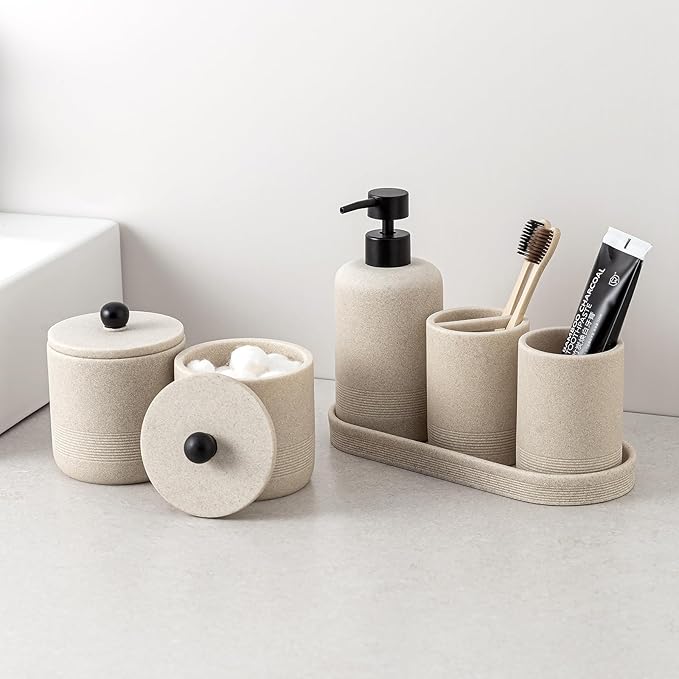 Bathroom Accessories Set, 6 PCS Modern Bathroom Accessory Set with 15.2 OZ Soap Dispenser, Toothbrush Holder, Vanity Tray, Tumbler, 2 PCS Qtip Holders (Beige)
