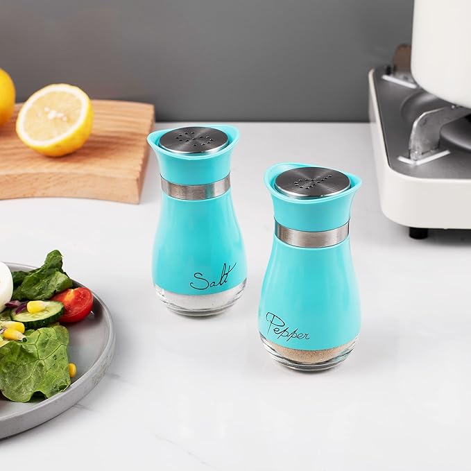 Lonffery Salt and Pepper Shakers, Stainless Steel and Glass Bottle, Set of 2, Turquoise