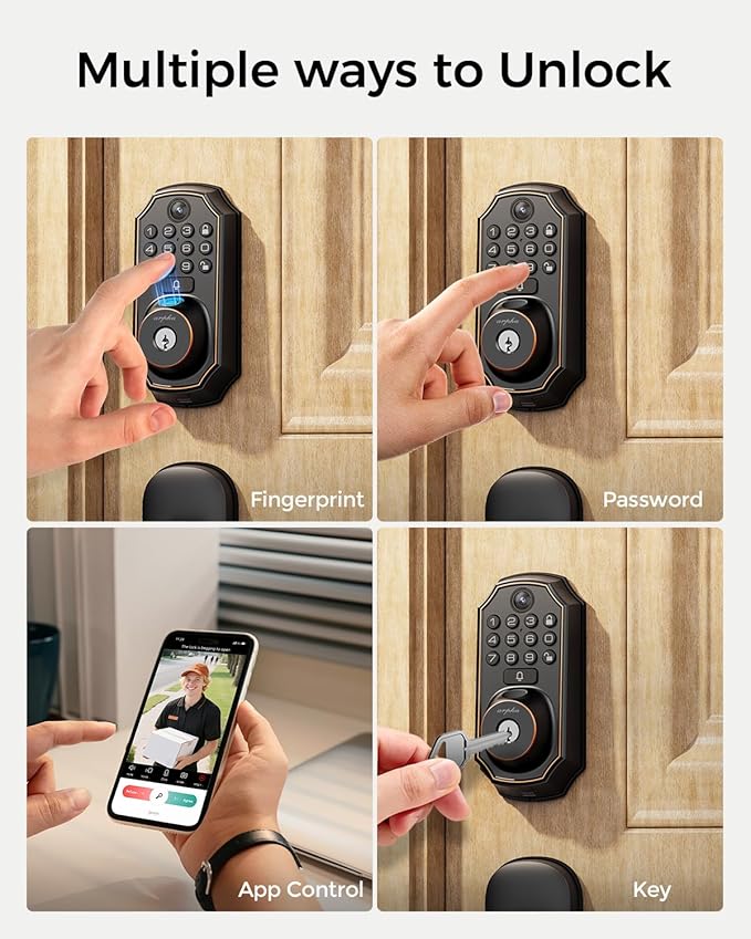 Keyless Entry Deadbolt with Handle Set - WiFi Smart Lock with Camera, 5-in-1 Camera+Doorbell+Fingerprint+Keypad, App Control, Auto Lock, Easy Install, Waterproof for Front Door（Black）