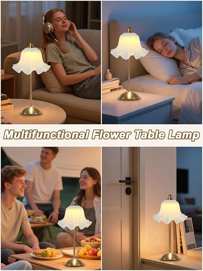 Cordless Table Lamp,Small Desk Lamp with 3 Color,Dimmable LED Reading Light,Touch Lamps for Nightstand,Vintage Flower Lamp for Bedroom Living Room Office Decor